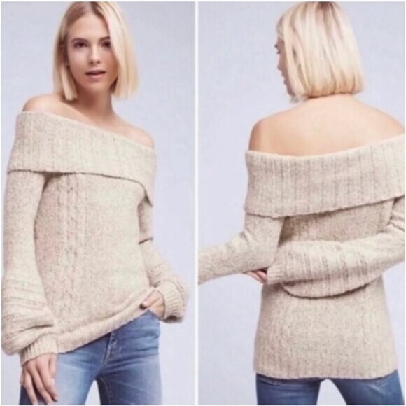 Anthropologie Sleeping on Snow Off-Shoulder Cream Sweater - Picture 1 of 6